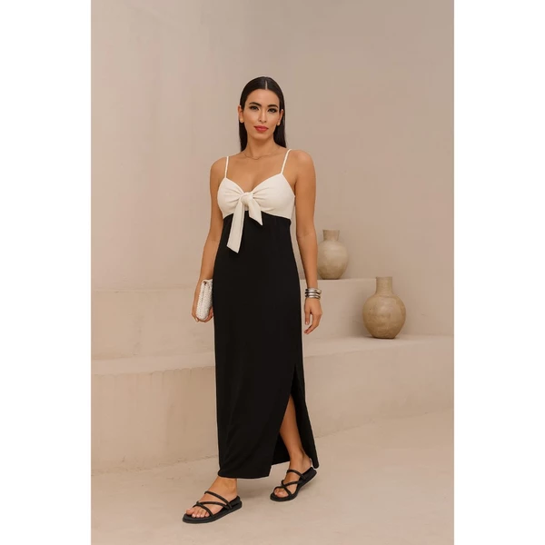Vestido longo bicolor preto e off white com amarração