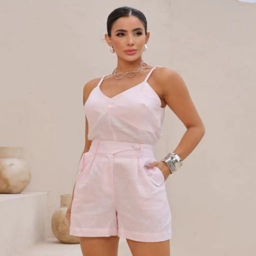 Short cintura alta alfaiataria rosa claro