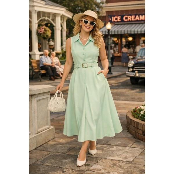 Outra vista de Vestido midi anos 50 com cinto