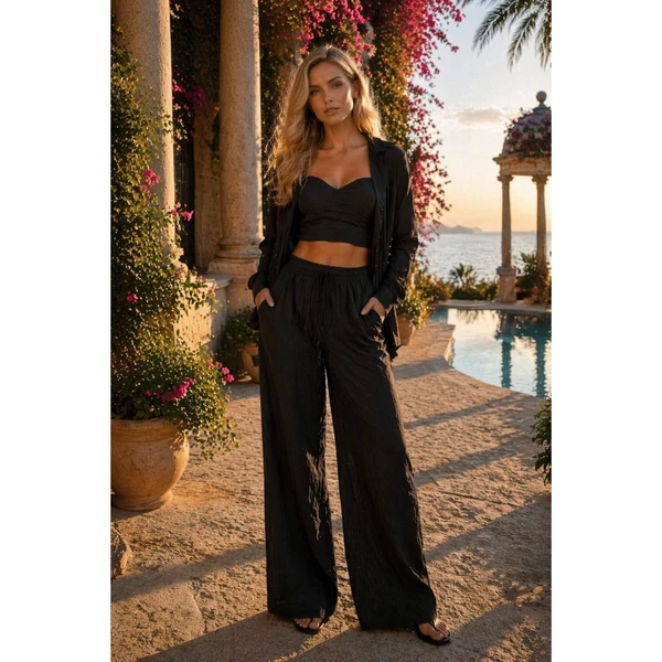 Outra vista de Conjunto 3 peças linho leve · pantalona, cropped e camisa