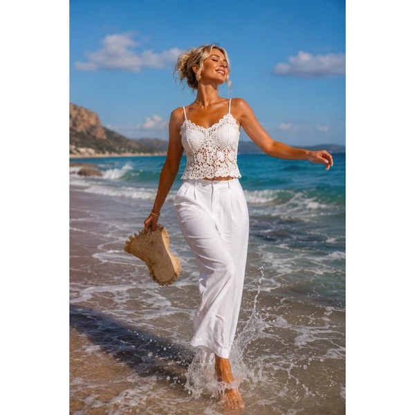 Conjunto cropped crochê e calça pantalona wide leg
