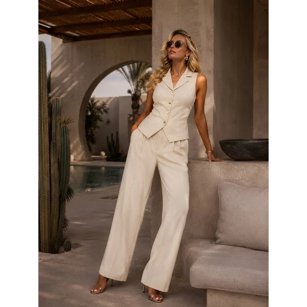 Conjunto colete e calça pantalona com bolso lateral