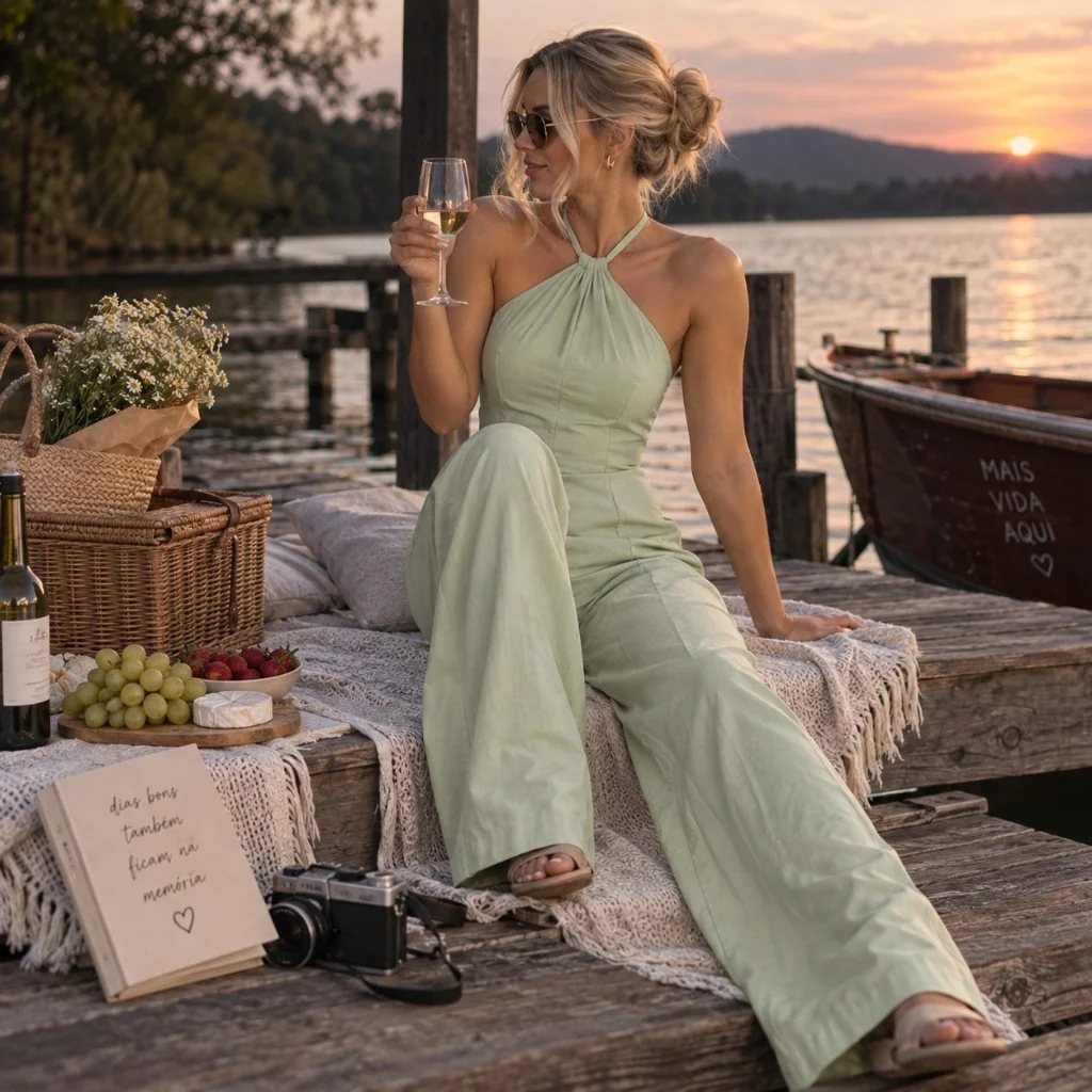 Macacão pantalona longo com gola halter