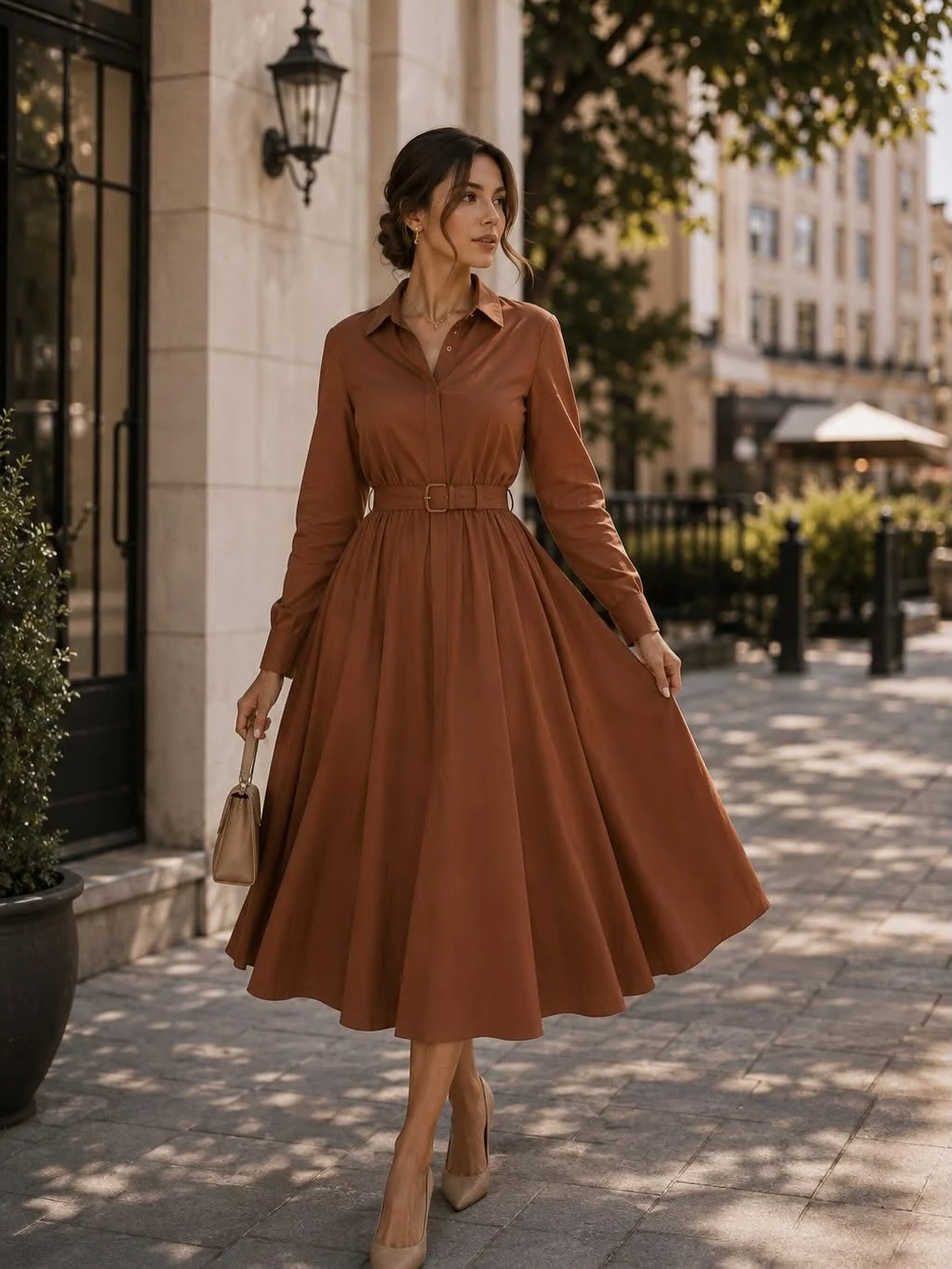 Vestido midi chemise manga longa com cinto