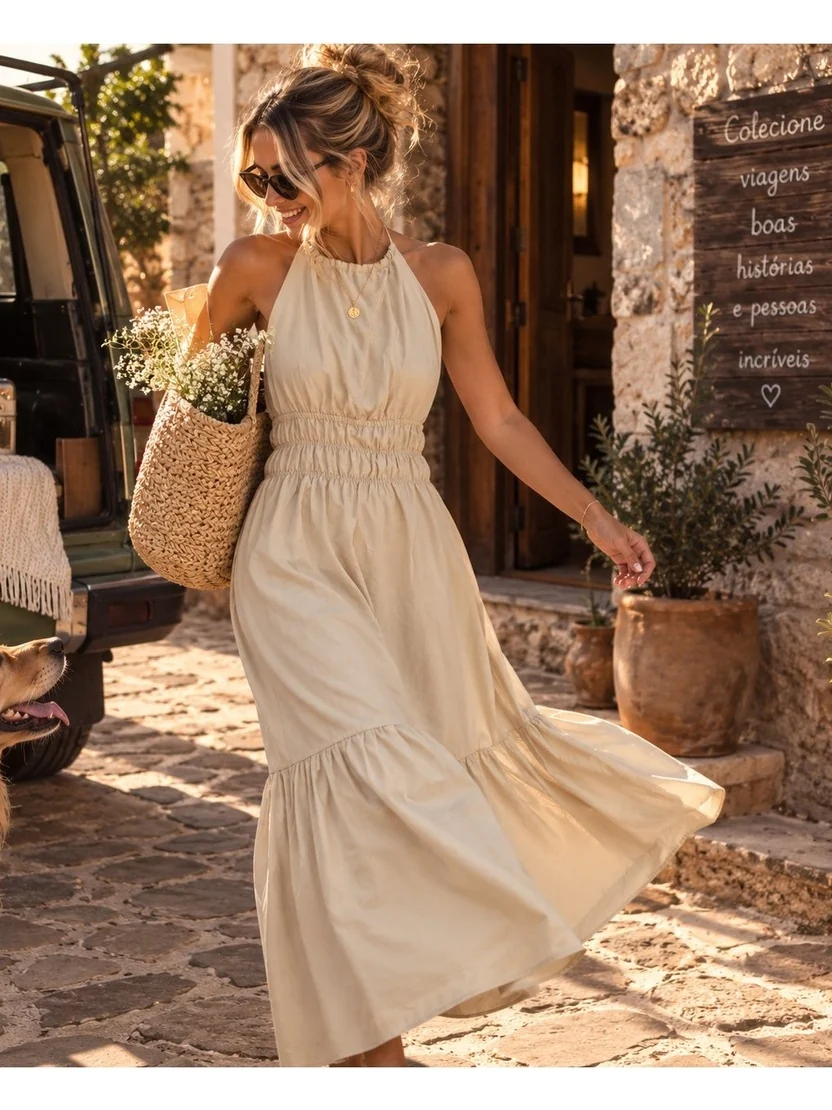 Vestido longo frente única com saia de babado