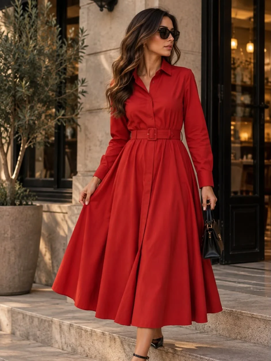 Vestido midi chemise manga longa vermelho