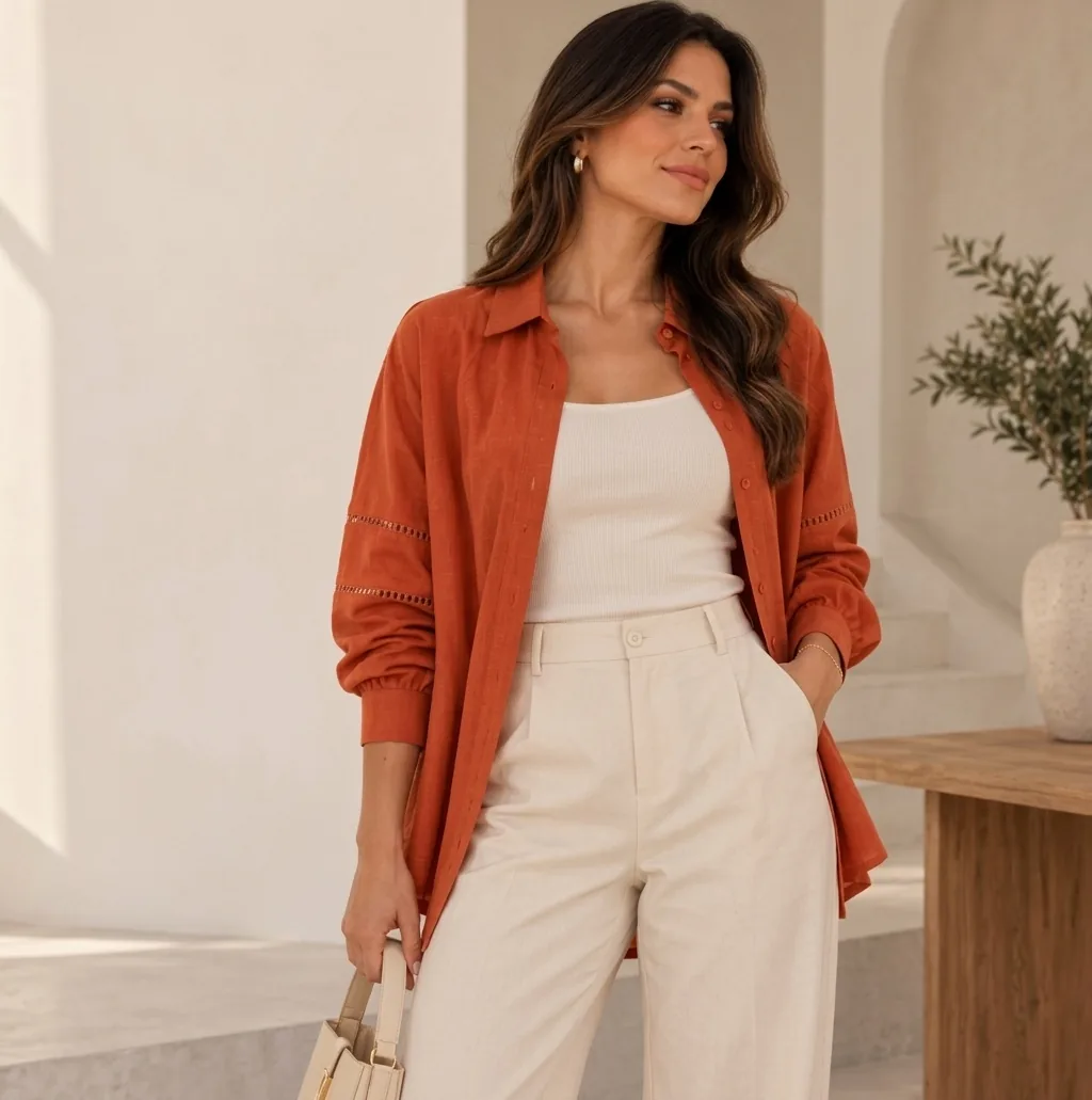 Camisa terracota com top branco e calça clara